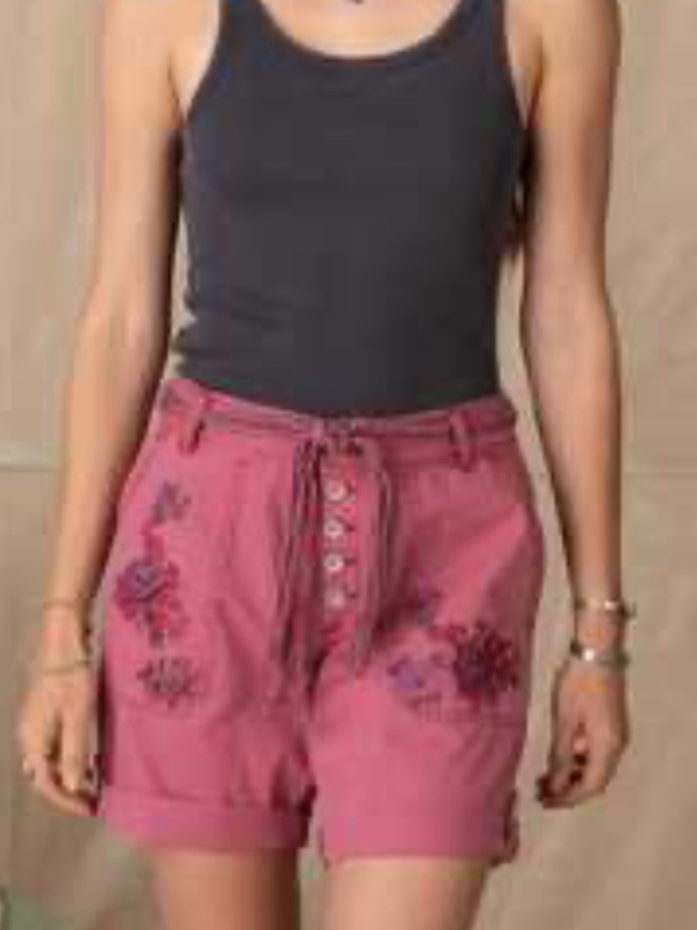 Sundance Embroidered raspberryButton-Front BOHO Shorts with Braided Tassel.